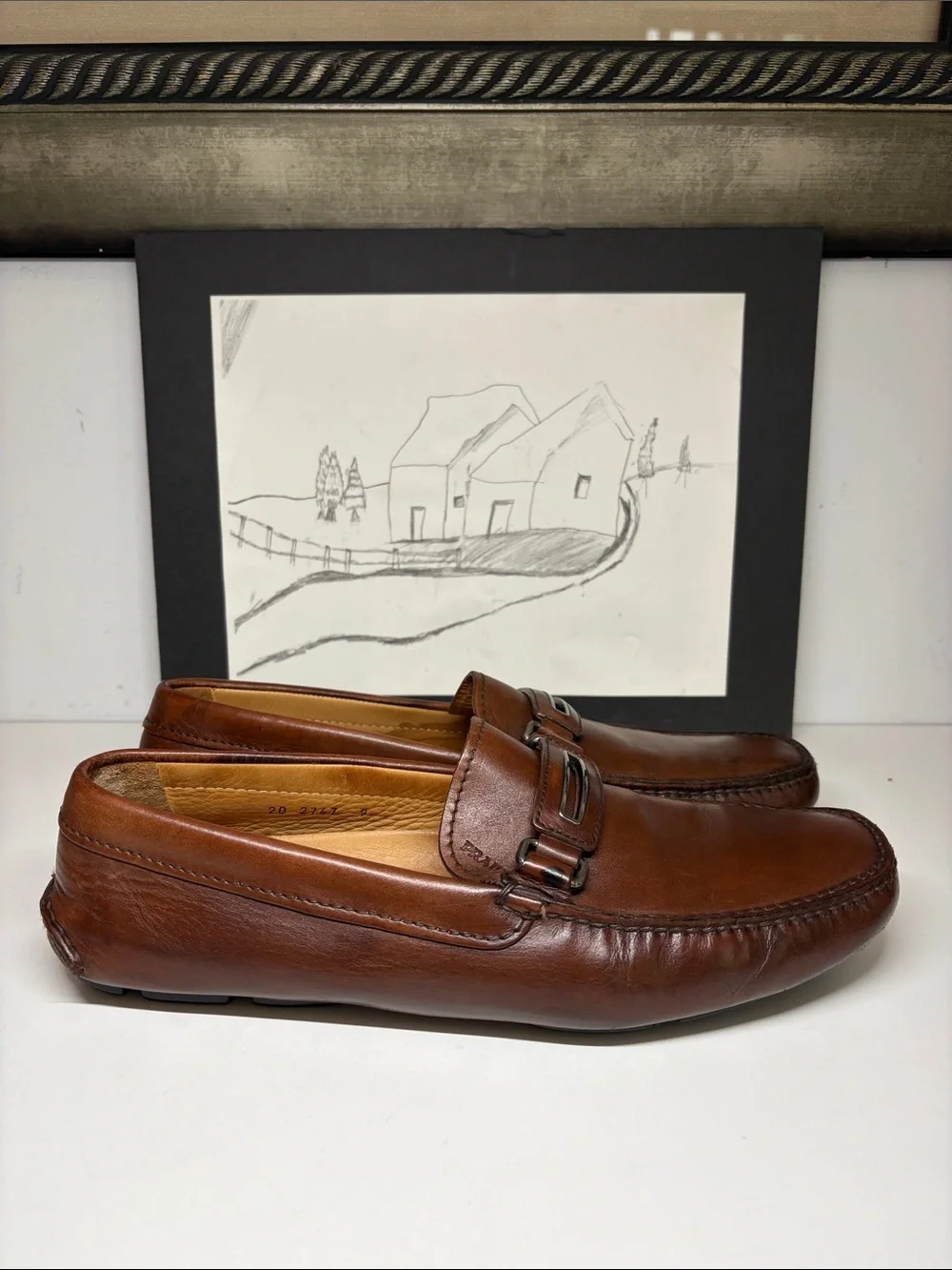 Prada classic moc-toe design silver-tone metal bit  driving loafers Men's 9